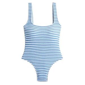J. Crew Textured Squareneck One Piece Swimsuit Blue Stripe Size 8 NWT